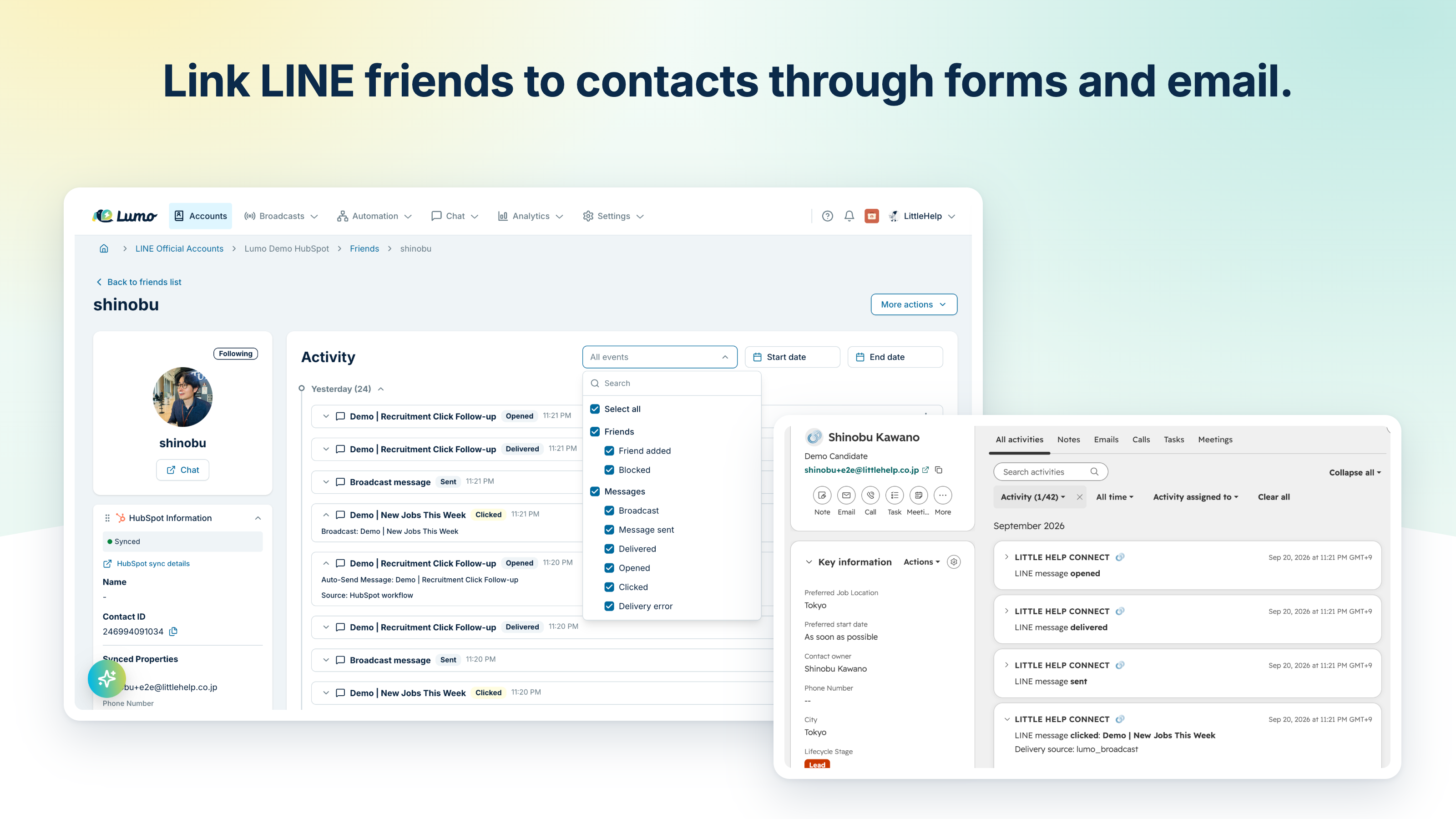 Link LINE friends to HubSpot contacts through forms, email, and QR